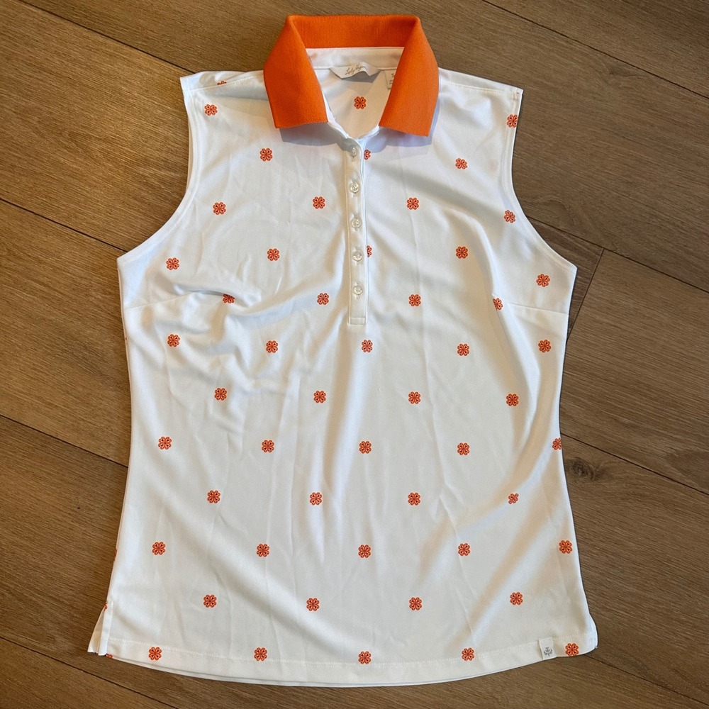 Lady Hagen Womens Sleeveless Golf Polo Shirt White Orange Floral Size S
